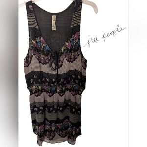 Free People Stripe And Floral Dress. Sleeveless Tunic Style. Chiffon Layer. Boho
